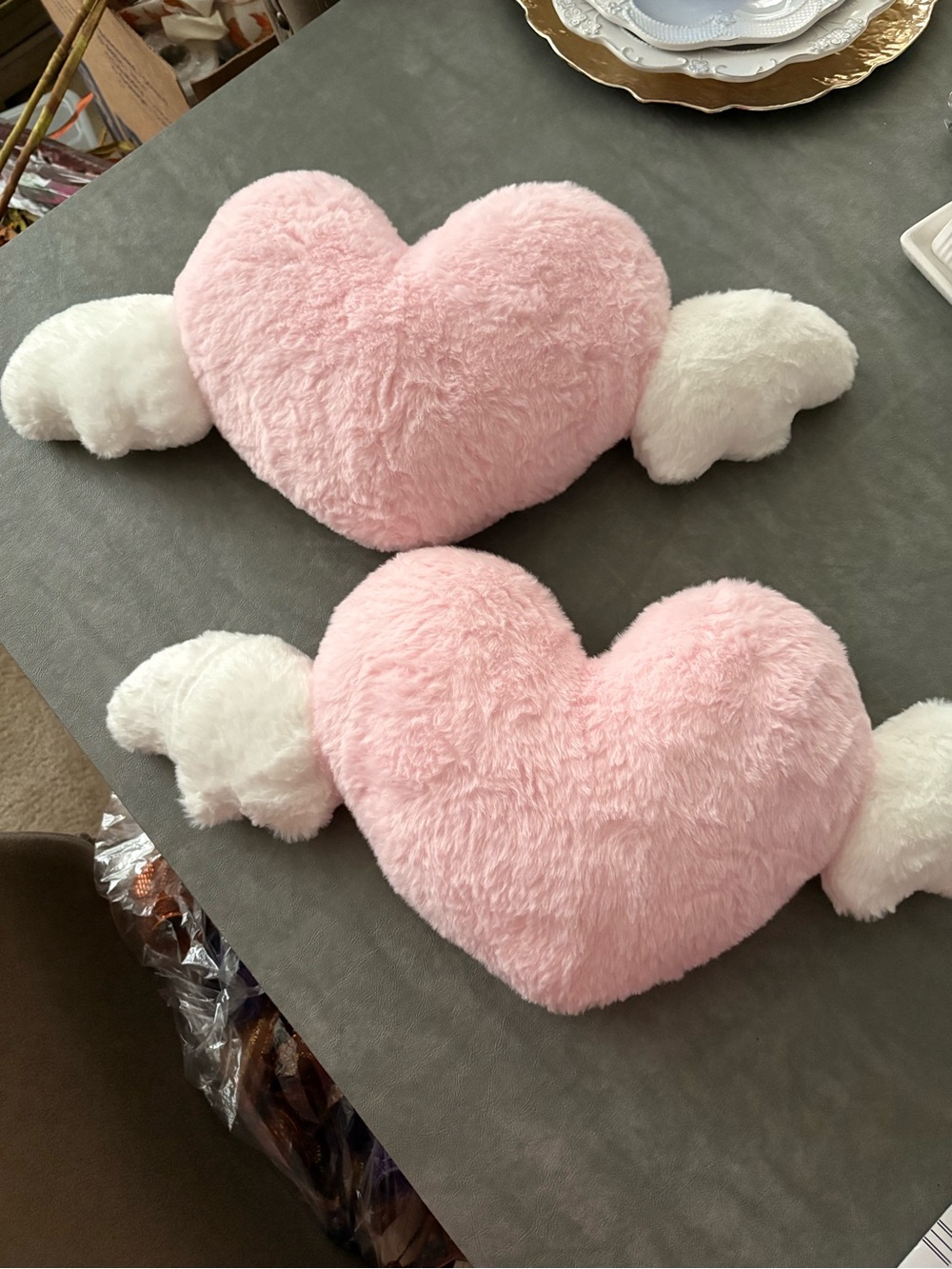 Plush Pink Heart Car Seat Pillows with White Wings